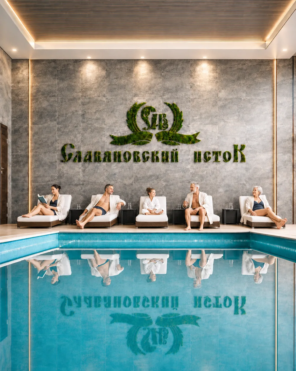 Крытый бассейн СПА-комплекса санатория «Славяновский исток»: шезлонги и фитостена с логотипом